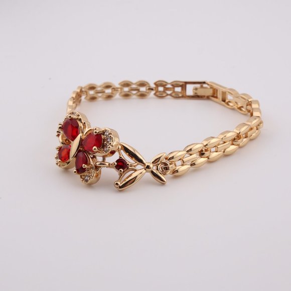 Enchanting Elegance 14k Gold Plated Red Cubic Zirconia Butterfly Linked Bracelet - Picture 7 of 10